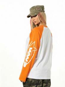 SUMWON WOMEN Kaos Lengan Panjang Raglan Gaya Baseball dengan Grafis Cetak Bola Basket, Atasan Streetwear Kasual Gaya Musim Gugur dan Musim Dingin - Jeruk - View 2