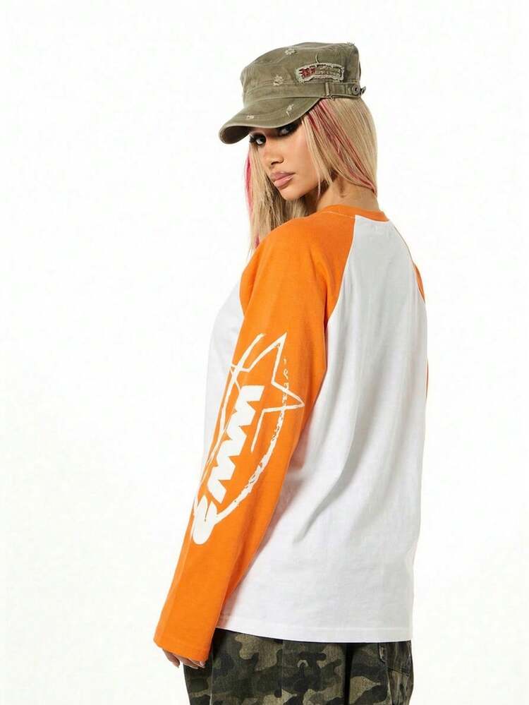 SUMWON WOMEN Raglan Baseball Long Sleeve Tee With Basketball Print Graphics Casual Streetwear Top Fall Winter Style