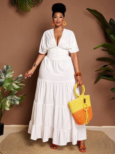 Maweii Plus Size Women's Sexy Vacation Deep V-Neck Drop-Shoulder Petal Sleeve Layered Patchwork A-Line Dress