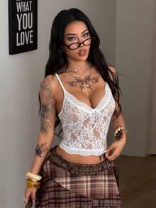 Coolane Áo tank top nữ mùa hè dễ thương, mặc hàng ngày, phối ren tương phản và nơ, dáng ôm, màu xanh dương. - trắng - Xem 4