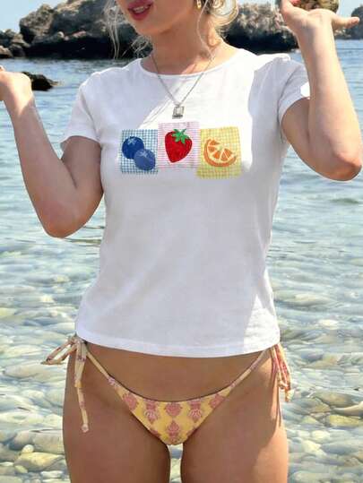 SHEIN Y2K Fruit Print Fitted Crew Neck Short Sleeve T-Shirt For Women