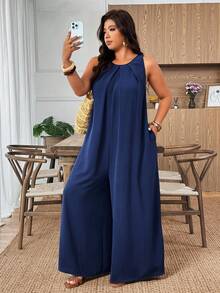 Weeklong Plus Size Casual Pleated A-Line Jumpsuit Fall - Navy Blue - View 1