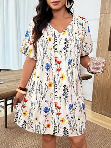 SHEIN LUNE Plus Size Women's Fashionable Spring/Summer French Romantic Retro Elegant Casual Commute Floral Print Dress - Apricot - View 4