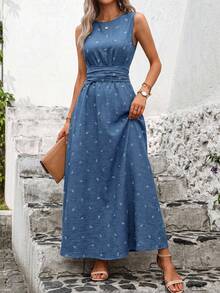 Solivie 女士植物图案圆领无袖休闲口袋连衣裙 - 藍色 - 查看 7