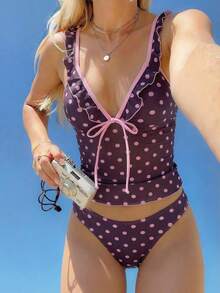 Swim Mod 女士新款甜美波点荷叶边比基尼套装，夏季海滩度假装 - 彩色 - 查看 1