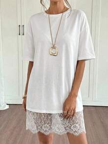 Siren Gaze Women's Round Neck Short Sleeve Contrast Lace Loose Mini Dress,Summer Dresses For Women - White - View 8