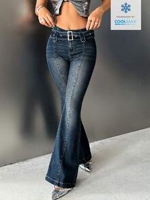 SHEIN ICON 女士休闲百搭日常穿搭喇叭牛仔裤 - 深色水洗藍 - 查看 4