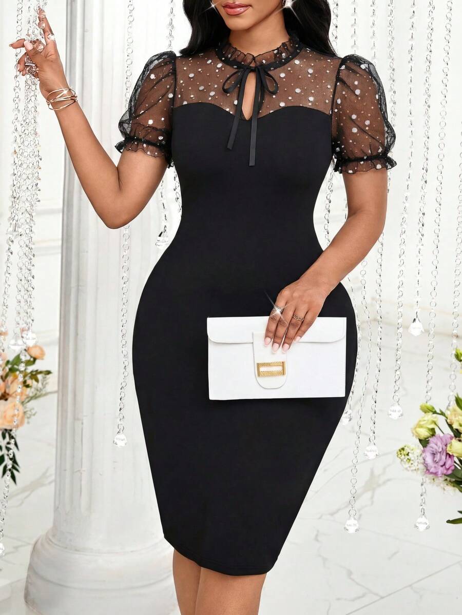 SHEIN Lady Women's Mesh Patchwork Petal Sleeve Ruffle Tie Neck Fitted Midi Dress - Black - View 1