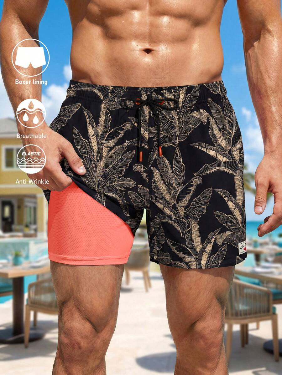 Horizaway 男士休闲印花沙滩短裤 男士花卉泳裤 男士带衬里泳裤 男士棕榈树泳裤 - 黑色 - 查看 1