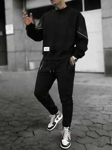 Conjunto de ropa deportiva de sudadera de cuello redondo de manga larga casual y versátil para hombres - Negro - Ver 3