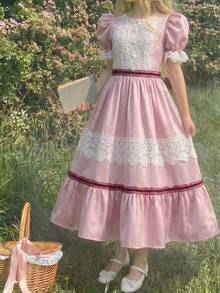 SHEIN Tween Girl Elegant Light Pink & White Color Block Ruffle Lace Trim Puff Sleeve Midi Princess Dress, Tween Girl Vintage Autumn Tea Party Dress, Partywear - Pink - View 6