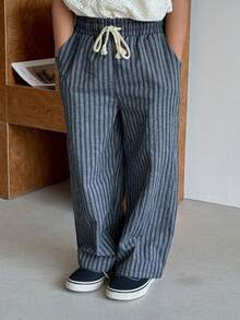 DAZY 男童抽绳腰带条纹休闲百搭阔腿裤，适合日常穿着 - 藍色 - 查看 5
