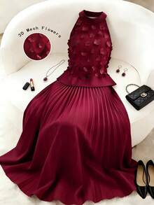 Franclia 女士酒红色无袖长款网纱罩衫连衣裙，适合婚礼、生日及各种场合 - 酒紅色 - 查看 1