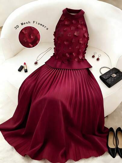 Franclia 女士酒红色无袖长款网纱罩衫连衣裙，适合婚礼、生日及各种场合