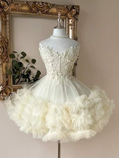 Lovelzi Elegant Luxurious Apricot Crochet Lace Patchwork Satin Handmade Embroidered Applique Waist Cutout Fitted Short Dress, Suitable For Dates, Singles Parties, Galas, Balls