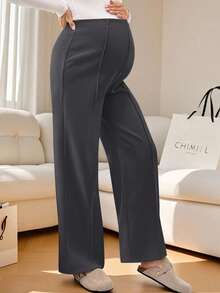 SHEIN 孕妇纯色高腰休闲宽松裤 - 灰色 - 查看 4