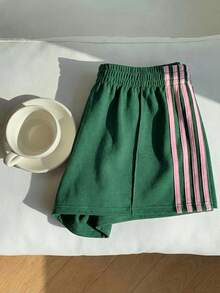 SHEIN Comfortcana Plus Size Casual Sports Style Retro American College Ribbed Shorts Shorts With Stripes Green Festival Athletic Shorts Casual Shorts For Women Green Shorts Women Shorts Teal - Green - View 11