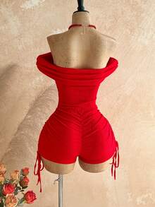 Soleia Women's Red Seksi Chic Holiday Vacation Textured Knit Off-Shoulder Ruched Drawstring Jumpsuit,Boho Beach Cruise Music Festival No Chest Padding - Red - View 2
