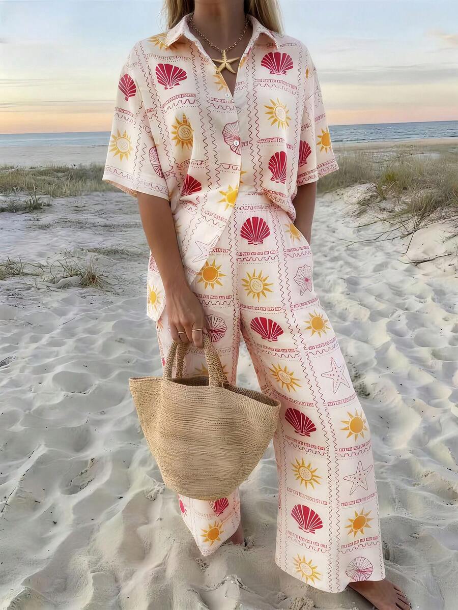 Women's Casual Short Sleeve Loose Summer Fashion Vacation Set - Pink - View 1