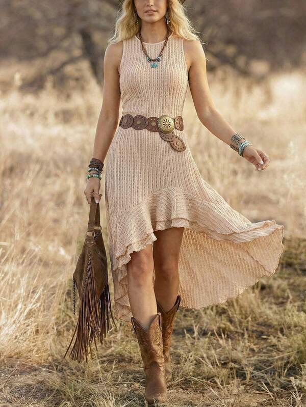 Wildy Vestido midi asimétrico sin mangas de estilo básico para mujer, adecuado para uso diario y commuting, con textura vintage de festival de música country estadounidense de estilo casual