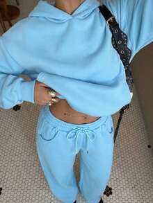 Muchica Blue Women's Autumn/Winter Thermal Lined Hoodie And Relaxed Fit Sweatpants Set - Blue - View 4
