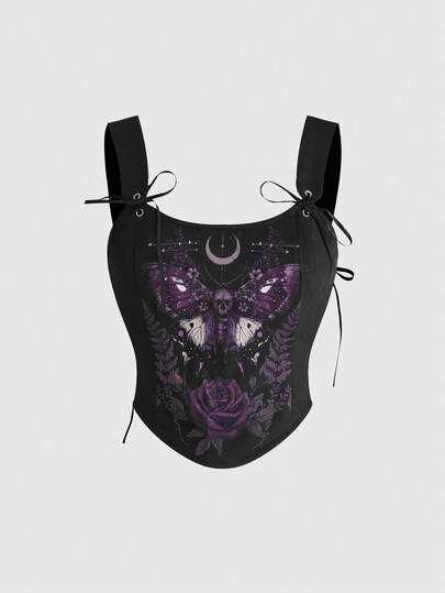 ROMWE Women's Gothic Mysterious Butterfly & Floral Print Retro Corset Style Ribbon Tie Camisole