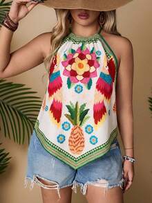 SHEIN VCAY Áo kiểu yếm cổ yếm bất đối xứng họa tiết nhiệt đới phong cách Bohemian dành cho nữ cỡ lớn mùa hè - Nhiều màu - Xem 1