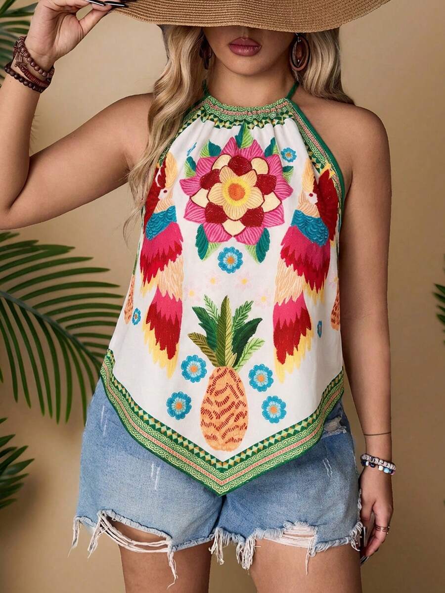 SHEIN VCAY Áo kiểu yếm cổ yếm bất đối xứng họa tiết nhiệt đới phong cách Bohemian dành cho nữ cỡ lớn mùa hè - Nhiều màu - Xem 1