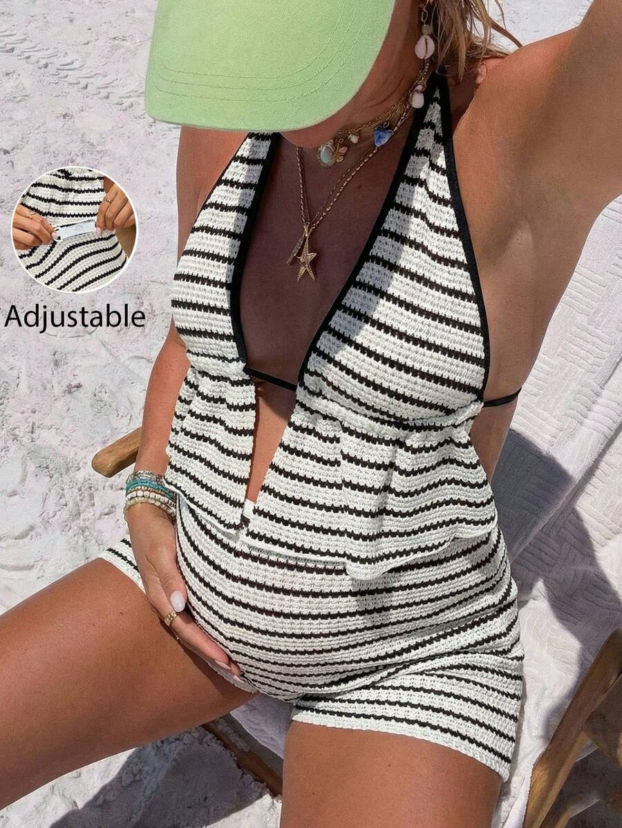 SHEIN 两件套孕妇休闲性感条纹露背系带可调节上衣和短裤套装 - 黑與白 - 查看 1