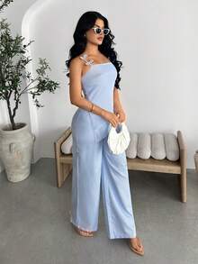 Vavine Blue & White Striped Casual Bow Tie Neck Asymmetric Hem Blouse And Straight Leg Casual Pants Women 2 Piece Set - Blue - View 8