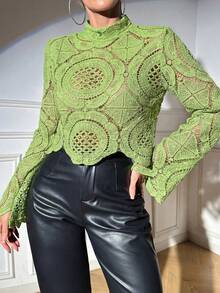 Glamine 女士镂空花卉长袖绿色透视上衣，约会之夜 - 綠色 - 查看 3