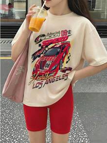 SHEIN Explorewe Bộ đồ thường ngày 2 món dành cho nữ tuổi teen, mang hơi hướng đua xe. Thiết kế lấy cảm hứng từ phong cách đường phố với họa tiết đua xe. Áo thun ngắn tay dáng rộng kết hợp với quần short tạo nên một bộ đồ thể thao năng động phù hợp cho mùa hè. Trang phục thể thao cho học sinh mùa tựu trường 2025. - Đỏ - Xem 5