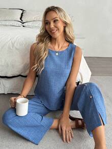 Louniche 两件套亚麻女士不对称下摆无袖上衣和裤子套装 - 藍色 - 查看 5