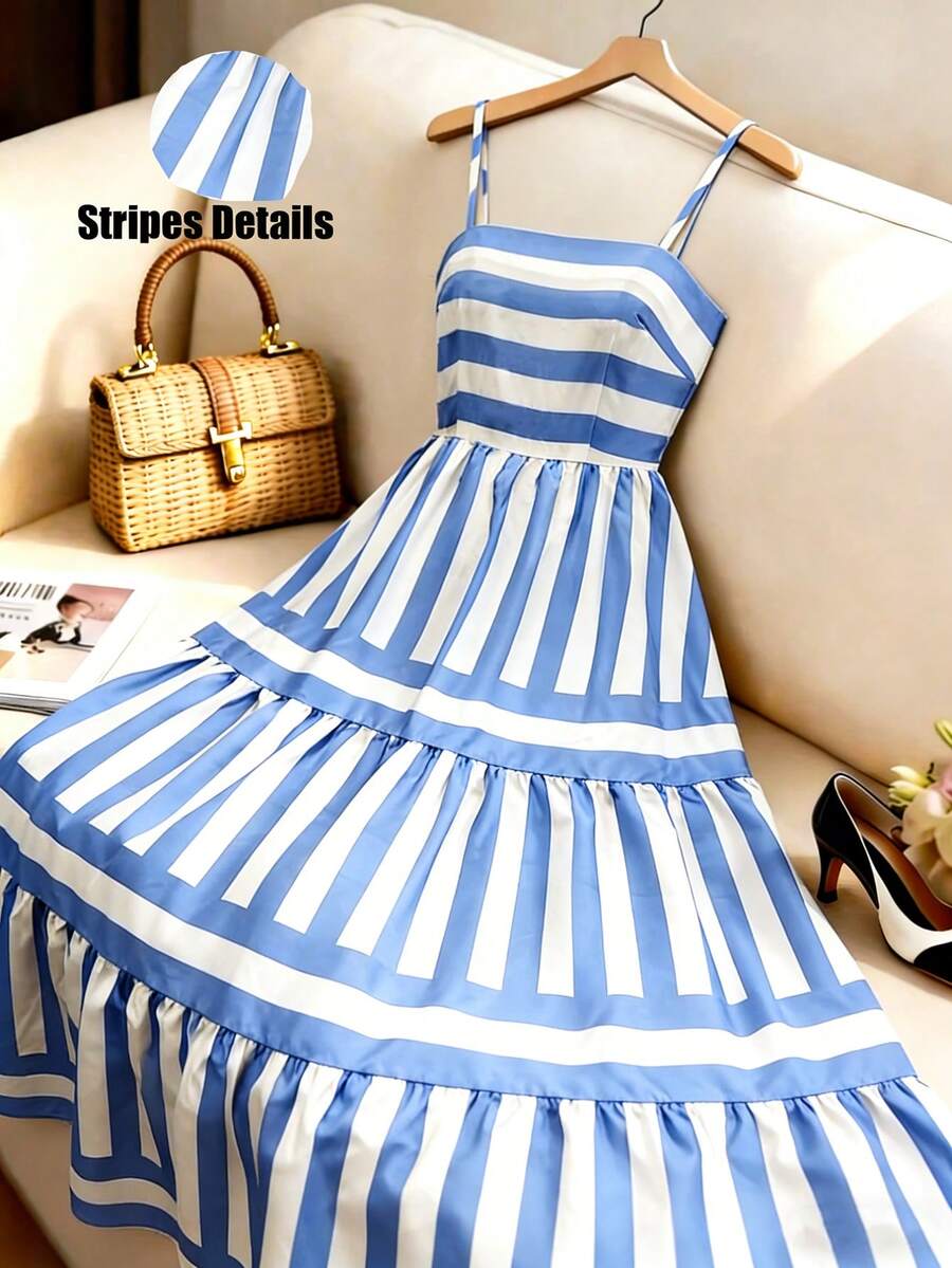 GlowEve Women's Striped Ruffle Hem Casual Maxi Slip Dress - Blue and White - View 1