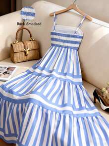 GlowEve Women's Striped Ruffle Hem Casual Maxi Slip Dress - Blue and White - View 2