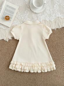 SHEIN Summer Baby Girls' Knitted Polo Collar Short Sleeve Casual Cute Dress, Straight Silhouette With Rainbow All-Over Print And Ruffle Hem Design - Yellow - View 2