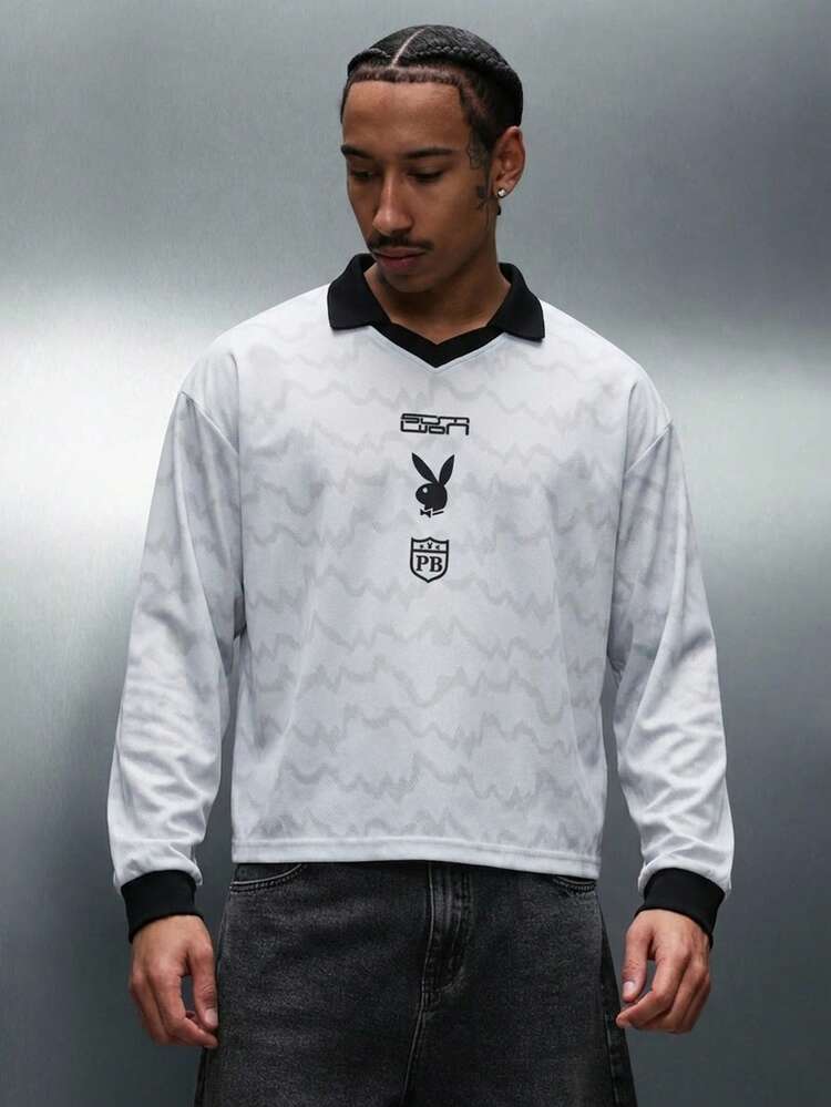 PLAYBOY X SUMWON Herren Retro Stil Polo Sport Trikot Langarm Mesh V-Ausschnitt Oberteil mit kontrastierendem schwarzem Kragen und Seitenabschlüssen