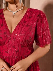 Allurite Plus Size Elegant V-Neck Mesh Sequin Ruffle Hem Party Dress, Red - Red - View 8