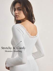 Ocili 2pcs Women Comfortable Cotton Frill Trim Long Sleeve Top And Pants Pajama Set, Sleepwear - White - View 2