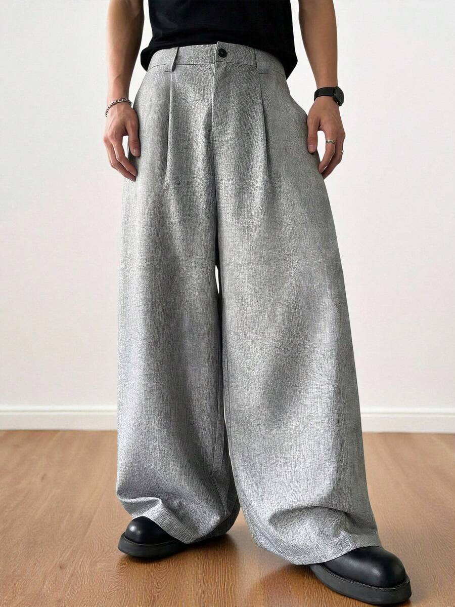 TOKVUE Pantalones grises casuales de pierna ancha y plisados para hombres - Gris Claro - Ver 1