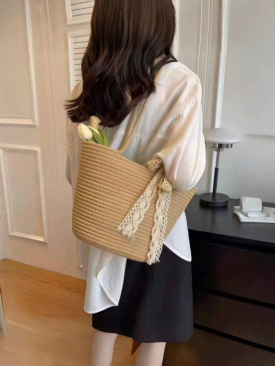 1个装草编水桶包 女士夏季大容量手工藤编单肩手提包 适合海滩度假 波西米亚风手提包 节日约会 休闲时尚 - 多色 - 查看 1