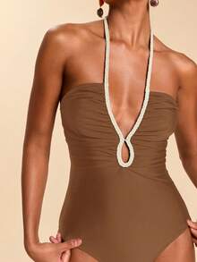 Travachic Áo tắm liền thân không tay, cổ yếm, phối màu tương phản dành cho nữ, thích hợp cho mùa hè đi biển. - Cà phê nâu - Xem 6