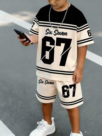 SHEIN Streecool Kids 2pcs/Set Toddler Boys' Casual Stylish Creative Numeric 67 Striped Black & Beige Letter Graphic Print Short Sleeve T-Shirt And Shorts Set, Comfortable Daily Wear, Cozy Summer Styles Suitable For Spring & Summer