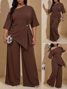Chikora 大码女式纯色不对称下摆上衣和阔腿裤两件套 - 咖啡棕 - 查看 3