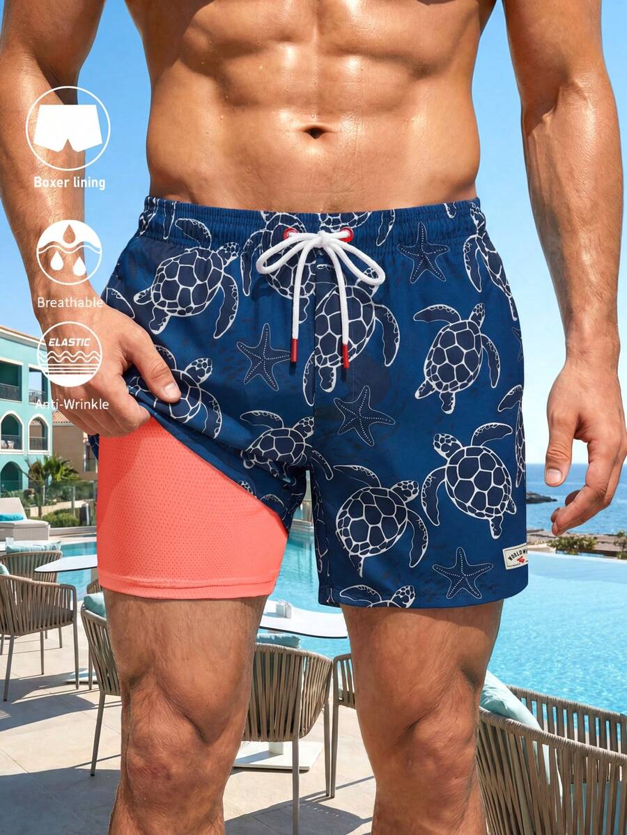 Horizaway 男士夏季度假海龟印花抽绳腰沙滩短裤 - 藏蓝色 - 查看 1