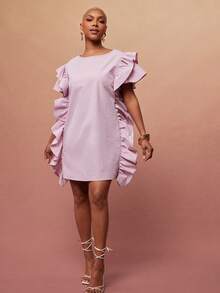 Vixey Đầm dệt trơn tay ngắn xếp nếp - Hồng - Xem 2