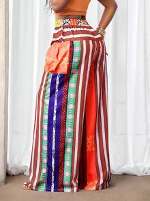 SHEIN BamGlam Pantalones rectos con estampado de rayas de colores para mujer, perfectos para vacaciones en la playa - Verde Oliva - Ver 2