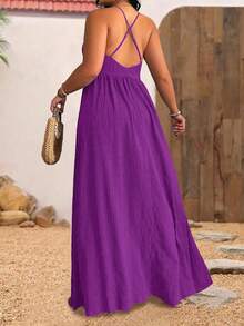 Breezaya Đầm mùa hè cỡ lớn dành cho nữ, dây mảnh, có họa tiết, thắt lưng, thích hợp cho kỳ nghỉ đi biển. - Màu đỏ tím - Xem 2