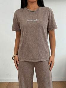 SHEIN PETITE 女士水洗棕色T恤和裤子两件套休闲套装 - 鏽棕色 - 查看 6