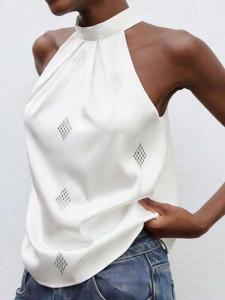 SHEIN Maija Tie-Up Satin Halter Neck Cold-Shoulder Blouse Top White Sleeveless Top White Satin Top White Elegant Top White Summer Top White Top For Women, Spring/Summer Outdoor Life, Summer Top, Summer Holidays, Spring , Party Top, Beach For Women, Going Out Top, Elegant,, Wedding Anniversary,  , Summer Tops , Summer Outfit For Women , Rhinestone Neckband Design